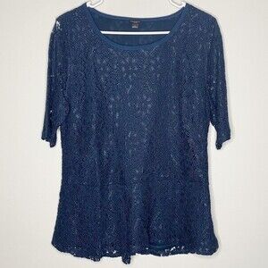 Ann Taylor Navy Blue Lace Peplum Blouse Size Large